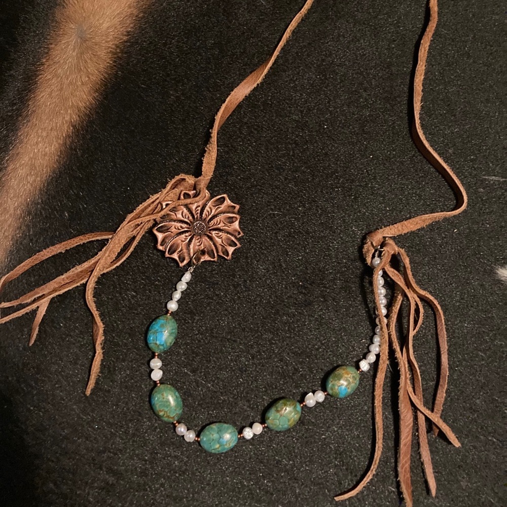 Rowdy Rode Pearl and Turquoise leather necklace